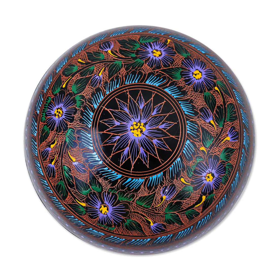 Floral Painted Brown, Purple and Blue Round Decorative Box - Blooming Utopia
