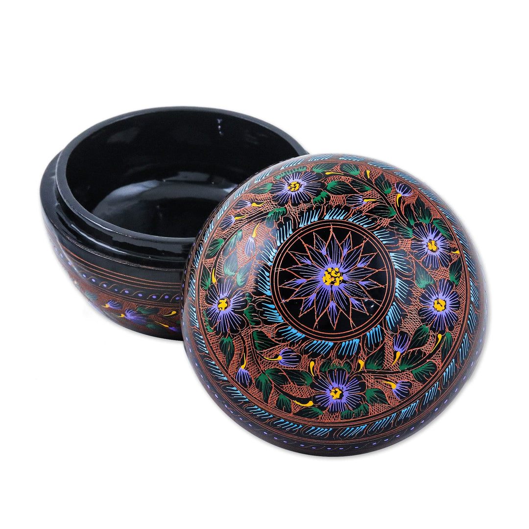 Floral Painted Brown, Purple and Blue Round Decorative Box - Blooming Utopia
