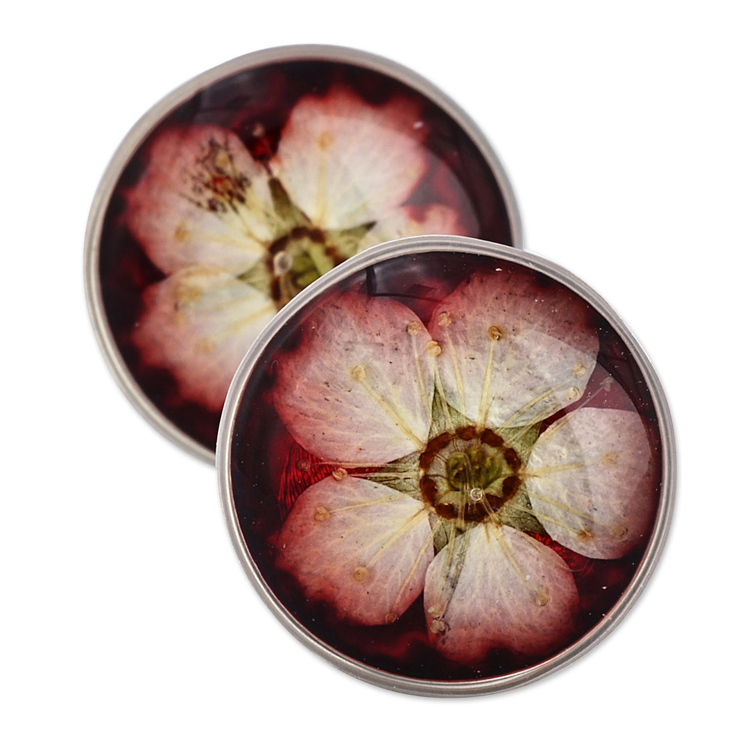 Resin-Coated Meadowsweets Flower Button Earrings in Burgundy - Luxurious Blossom