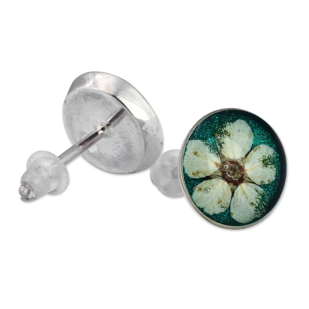 Resin-Coated Meadowsweets Flower Button Earrings in Teal - Oneiric Blossom