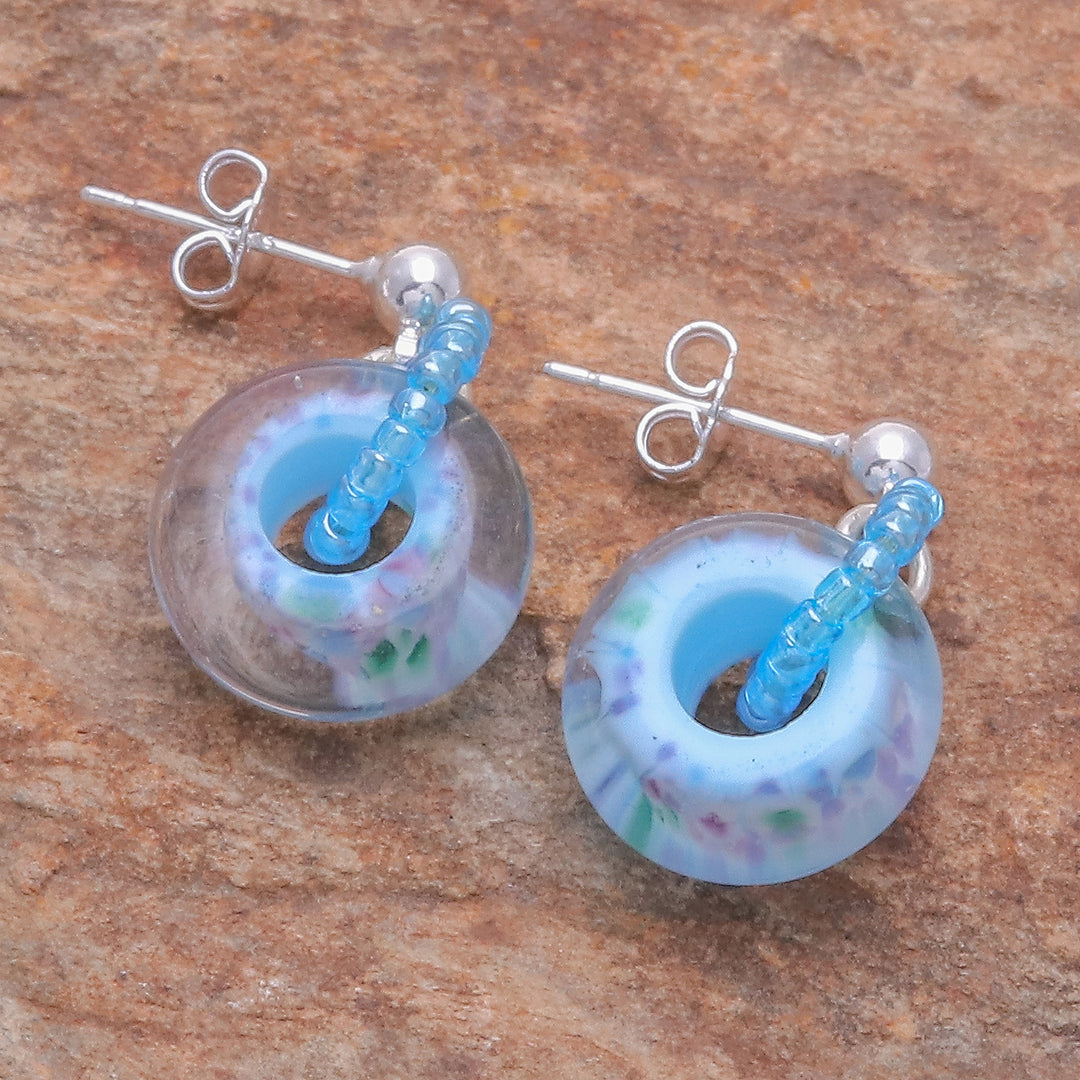 Handblown Glass Beaded Blue Dangle Earrings from Thailand - Blue Glamor