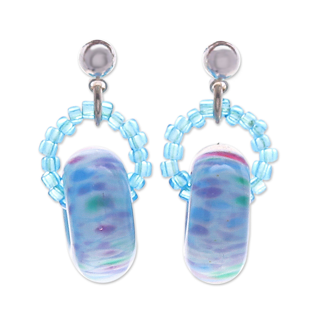 Handblown Glass Beaded Blue Dangle Earrings from Thailand - Blue Glamor