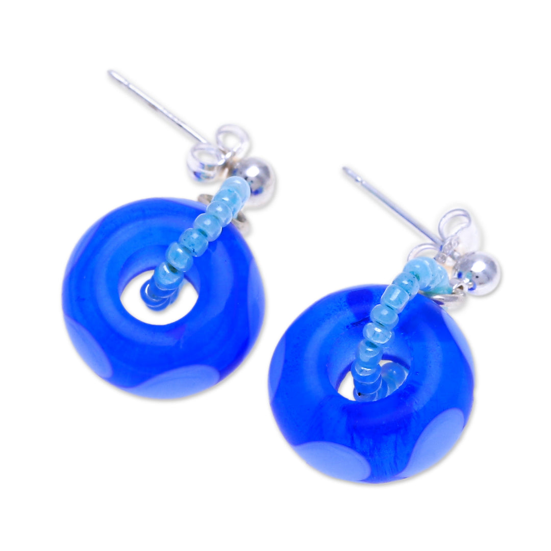 Handblown Glass Beaded Blue Dangle Earrings with Heart Motif - Perpetual Love