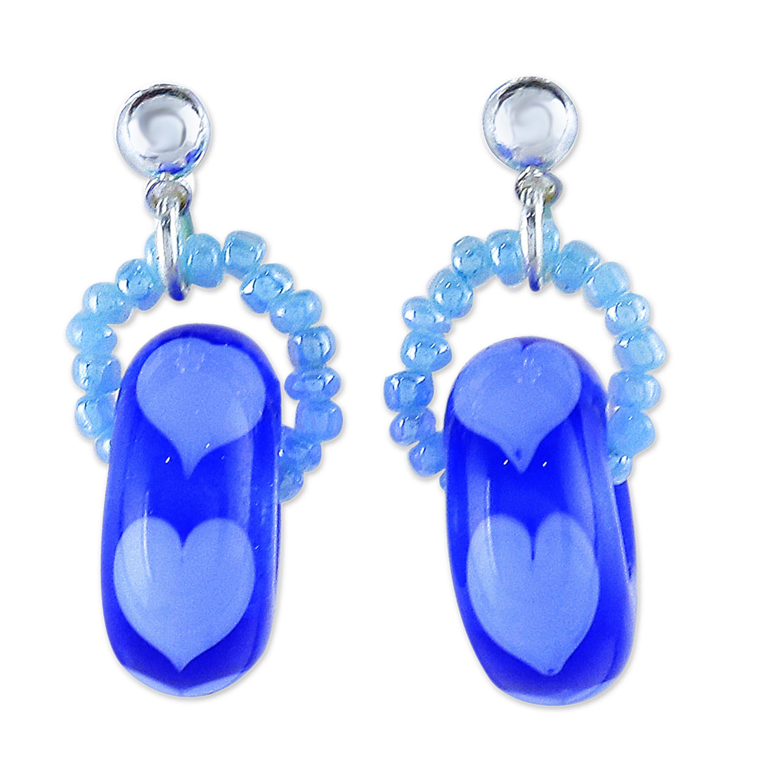 Handblown Glass Beaded Blue Dangle Earrings with Heart Motif - Perpetual Love