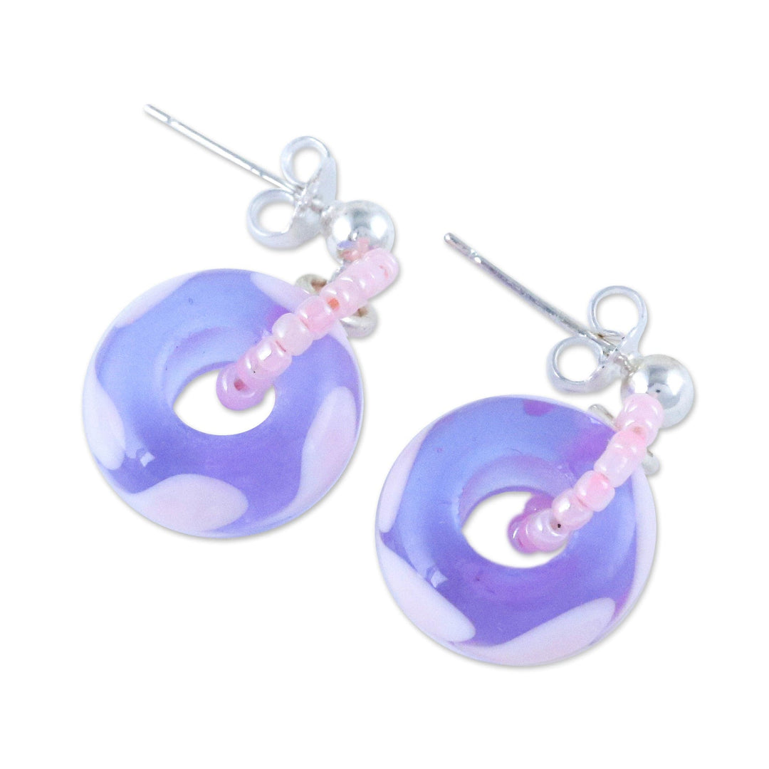 Blown Glass Beaded Purple Dangle Earrings with Heart Motifs - Perennial Love