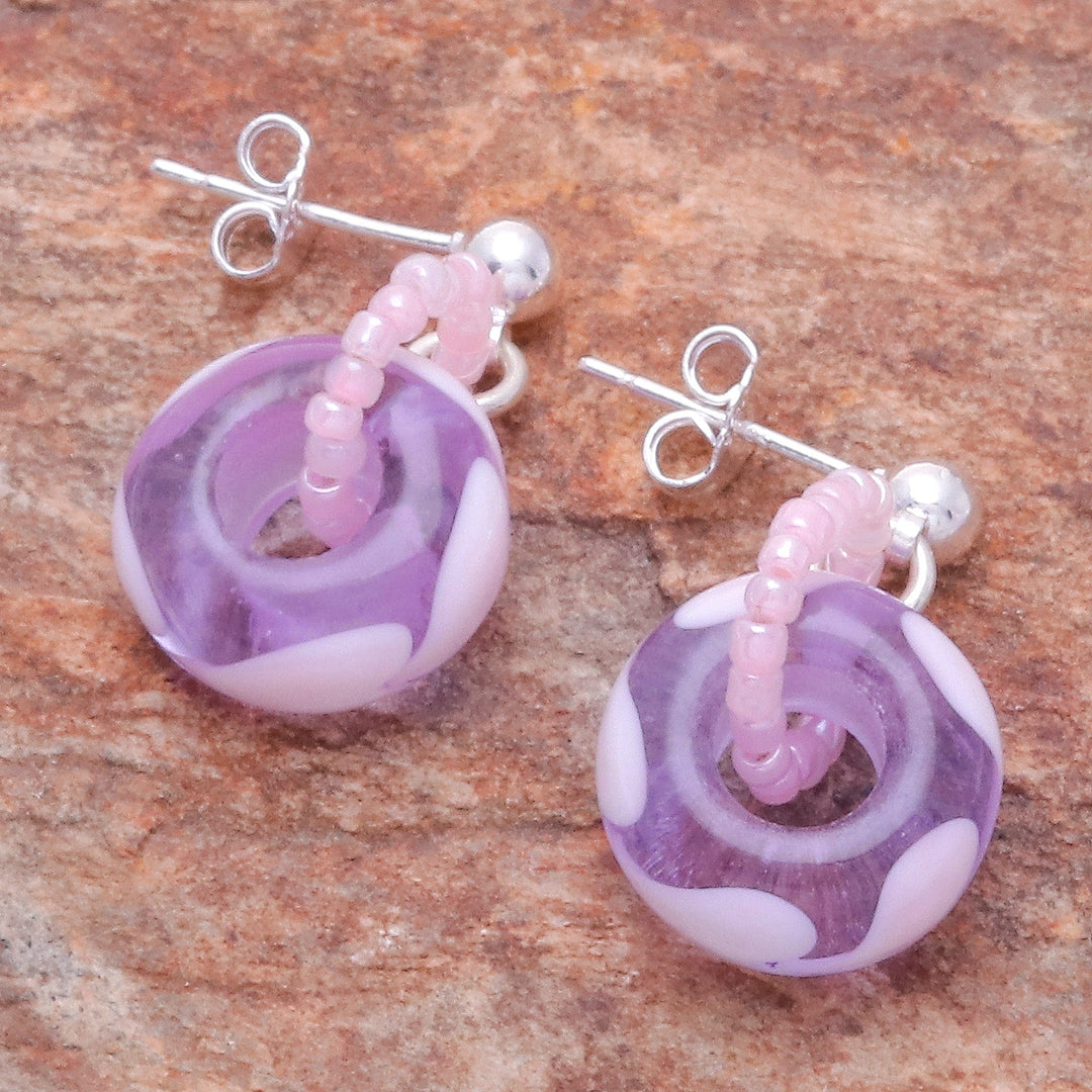 Blown Glass Beaded Purple Dangle Earrings with Heart Motifs - Perennial Love