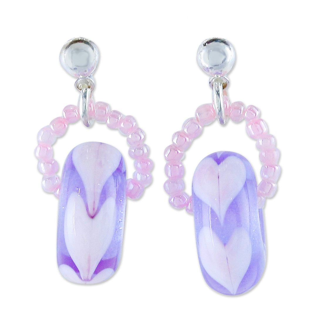 Blown Glass Beaded Purple Dangle Earrings with Heart Motifs - Perennial Love