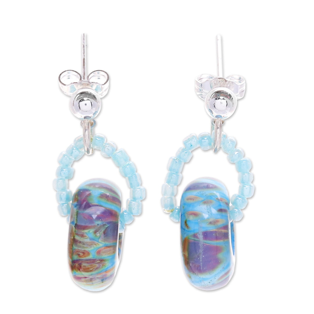 Square Blue and Brown Handblown Glass Beaded Dangle Earrings - Dazzling Beauty