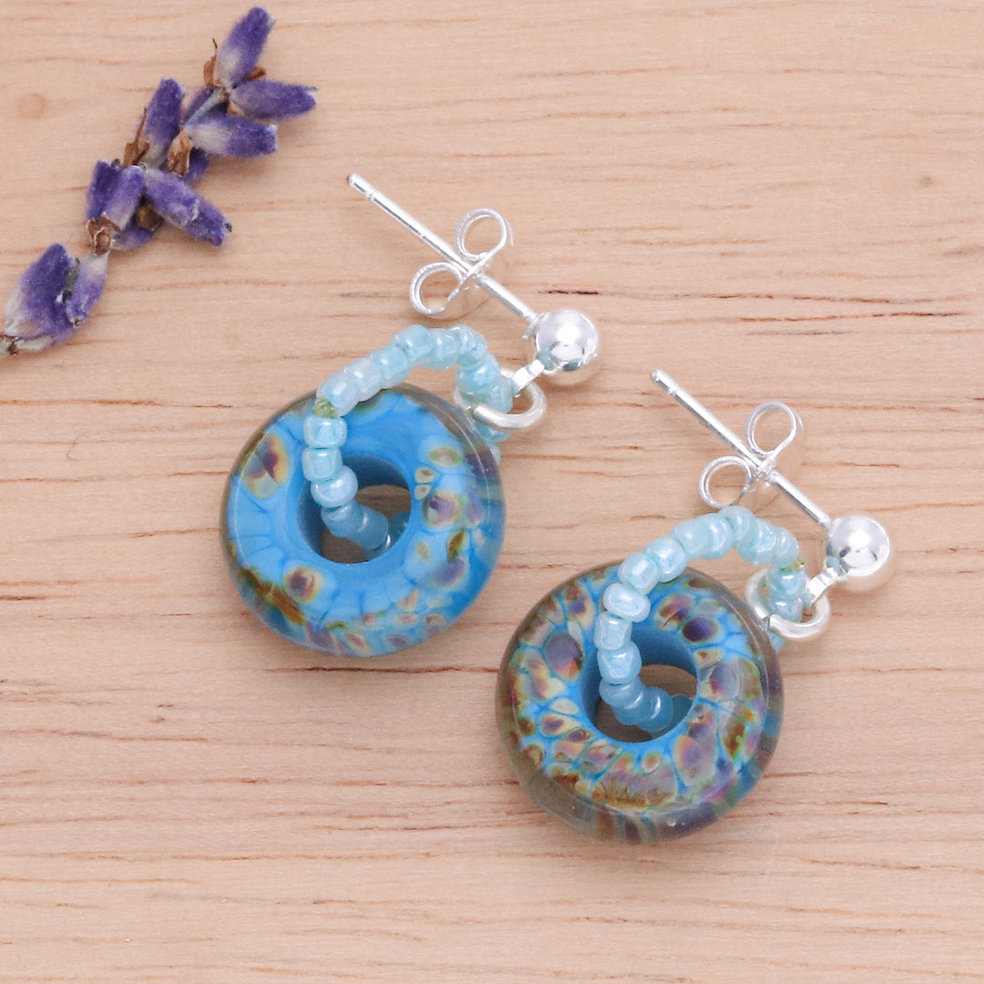 Square Blue and Brown Handblown Glass Beaded Dangle Earrings - Dazzling Beauty