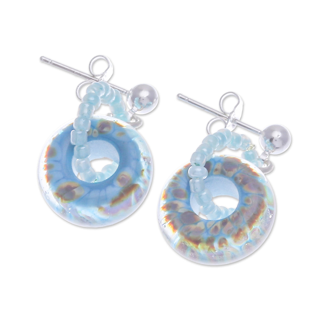 Square Blue and Brown Handblown Glass Beaded Dangle Earrings - Dazzling Beauty