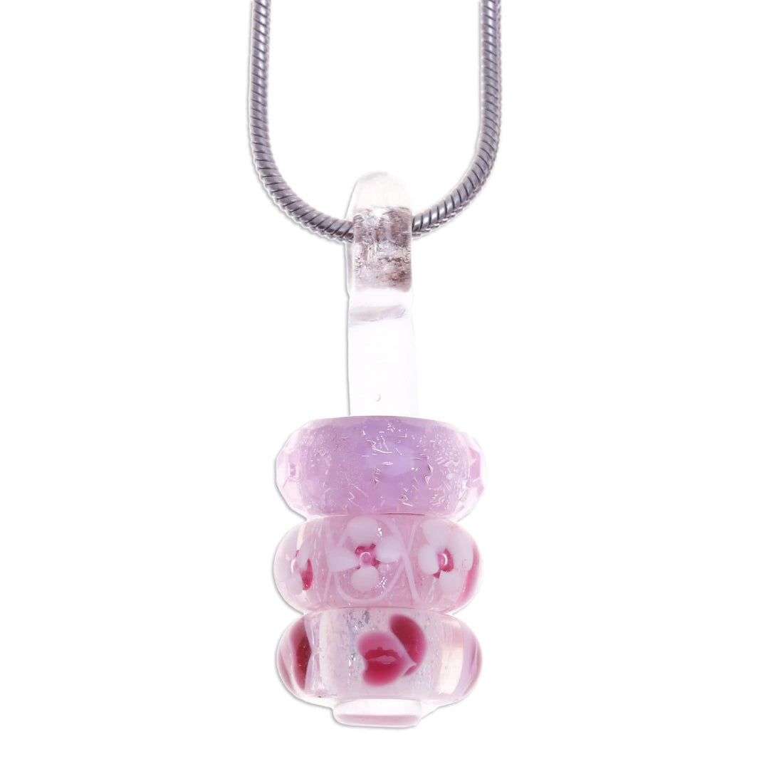 Floral Pink Glass Beaded Pendant Necklace from Thailand - Pretty Amulets