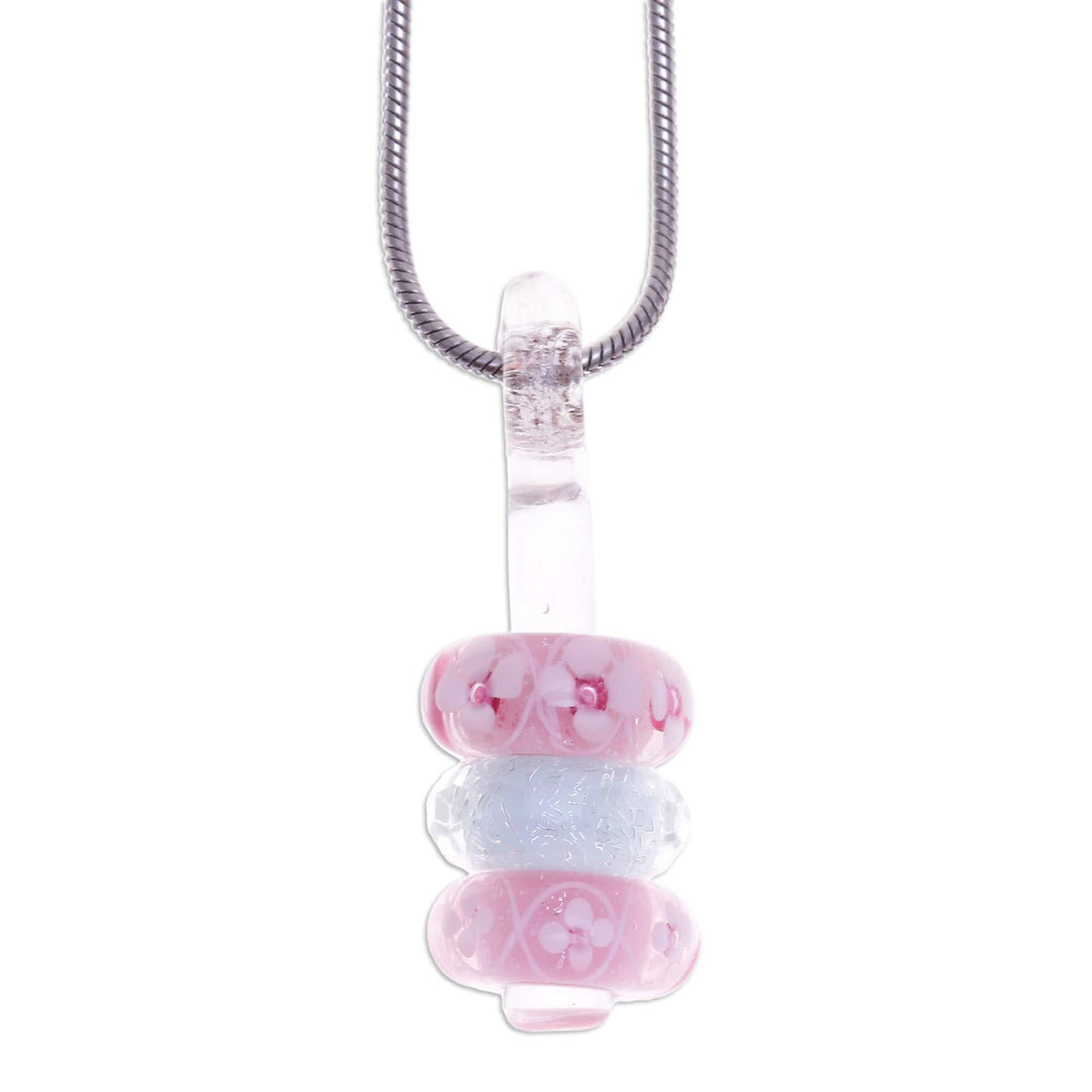 Floral Pink and White Glass Beaded Pendant Necklace - Kind Amulets