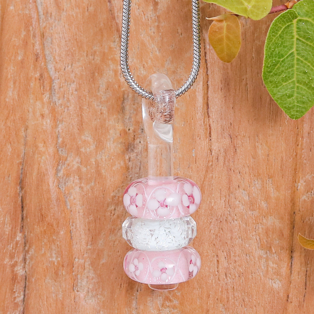 Floral Pink and White Glass Beaded Pendant Necklace - Kind Amulets