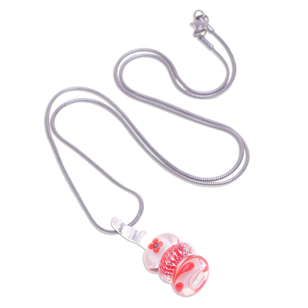 Floral Red and Orange Glass Beaded Pendant Necklace - Courageous Amulets