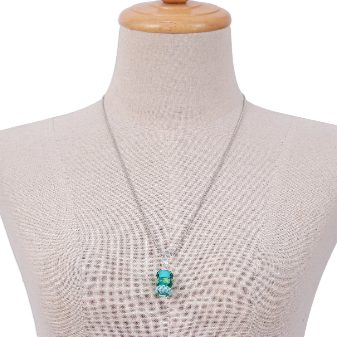 Leafy Blue and Green Glass Beaded Pendant Necklace - Lucky Amulets