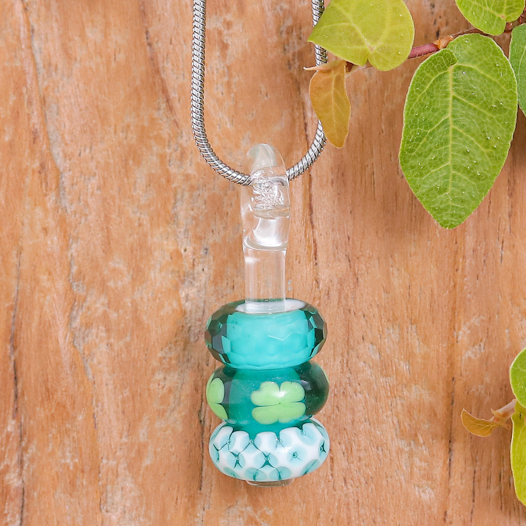 Leafy Blue and Green Glass Beaded Pendant Necklace - Lucky Amulets