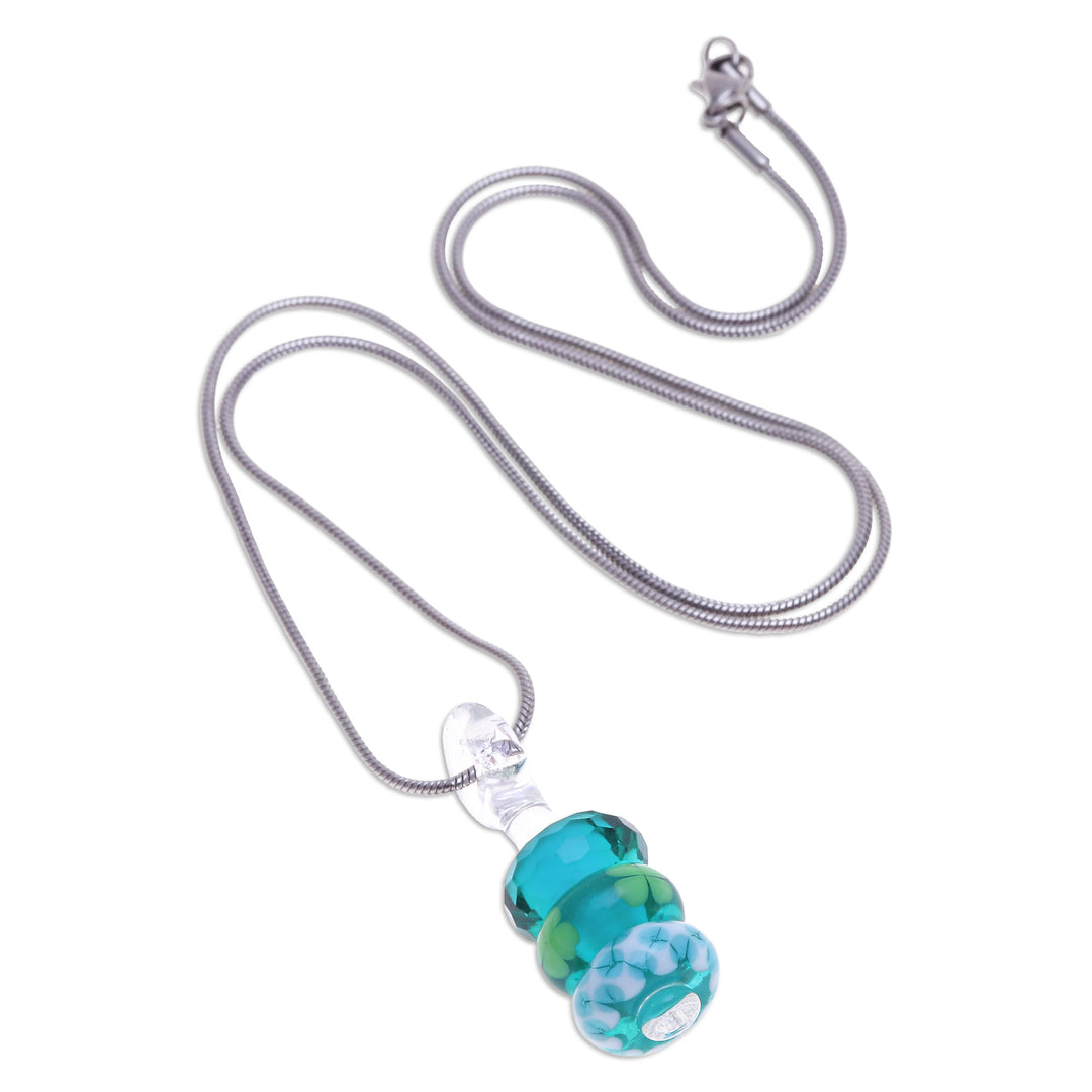 Leafy Blue and Green Glass Beaded Pendant Necklace - Lucky Amulets