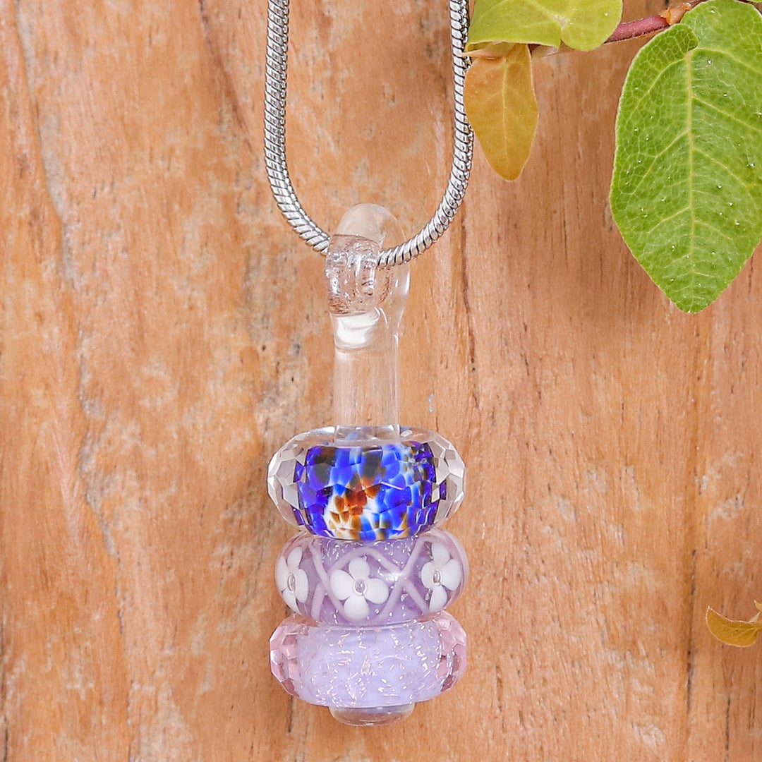 Floral Purple and Blue Glass Beaded Pendant Necklace - Enchanted Amulets
