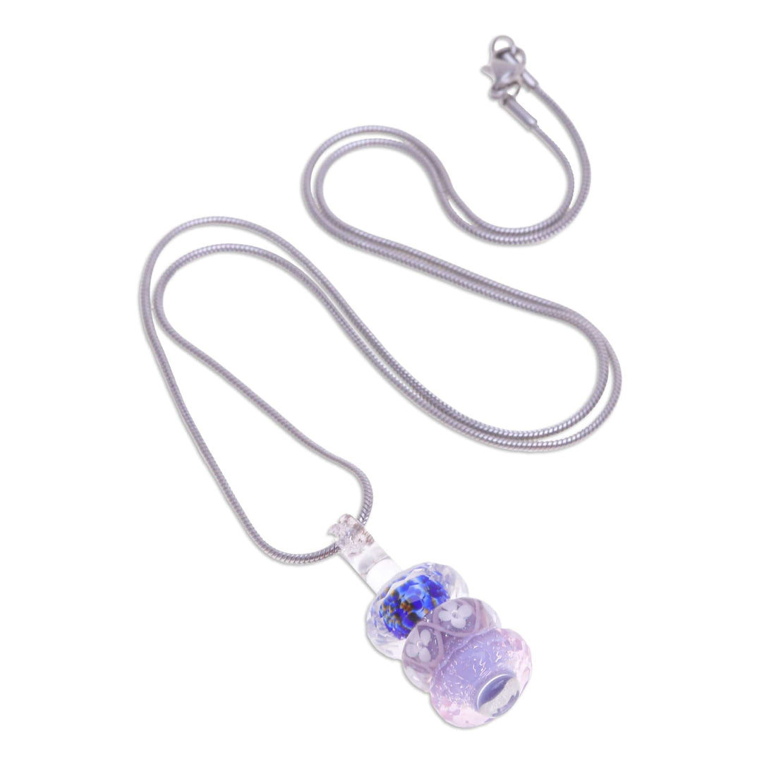 Floral Purple and Blue Glass Beaded Pendant Necklace - Enchanted Amulets