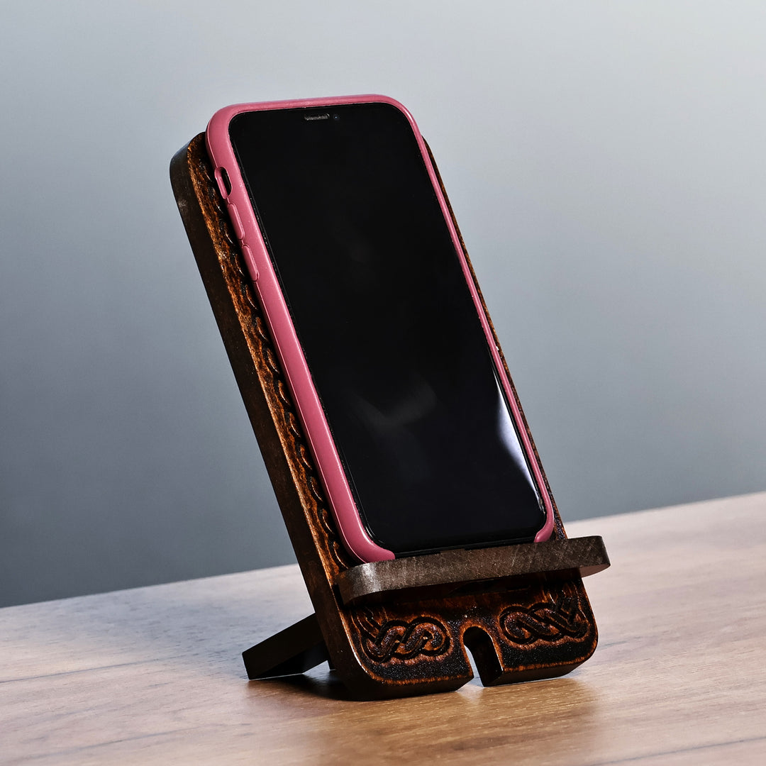 Traditional Handcrafted Dark Brown Beechwood Phone Holder - Ancestor's Night Blessing