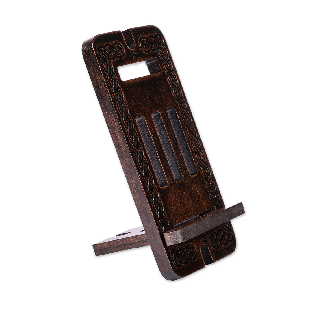 Traditional Handcrafted Dark Brown Beechwood Phone Holder - Ancestor's Night Blessing