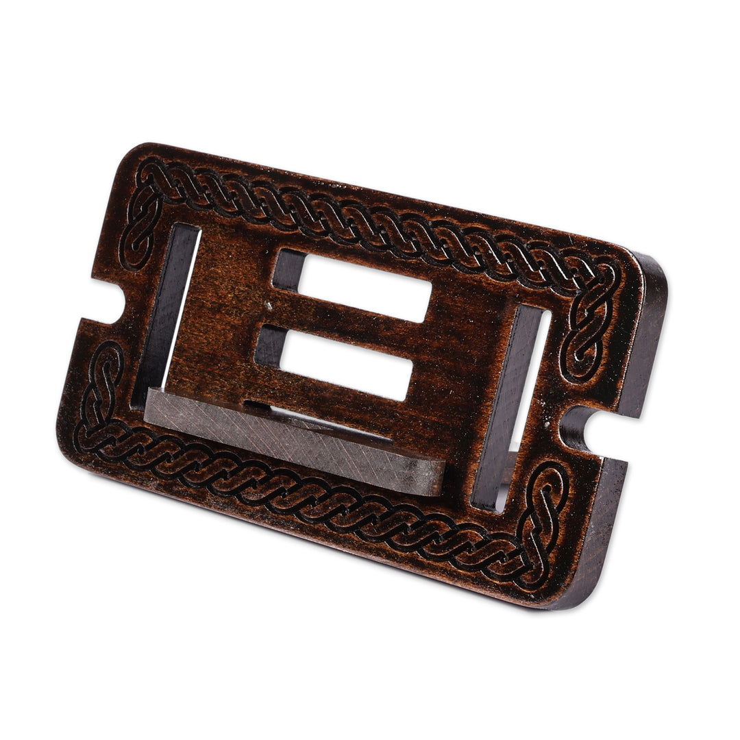 Traditional Handcrafted Dark Brown Beechwood Phone Holder - Ancestor's Night Blessing