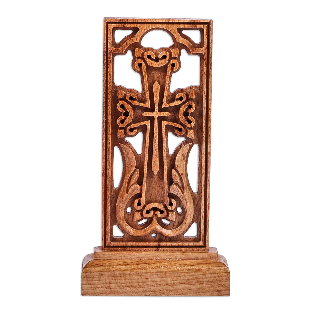 Hand-Carved Beech Wood Khachkar Cross Sculpture from Armenia - Reminder of Faith