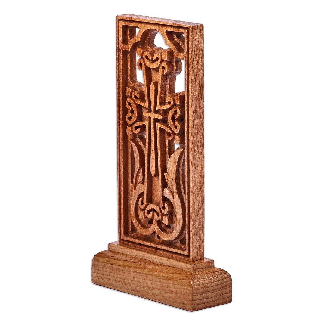 Hand-Carved Beech Wood Khachkar Cross Sculpture from Armenia - Reminder of Faith
