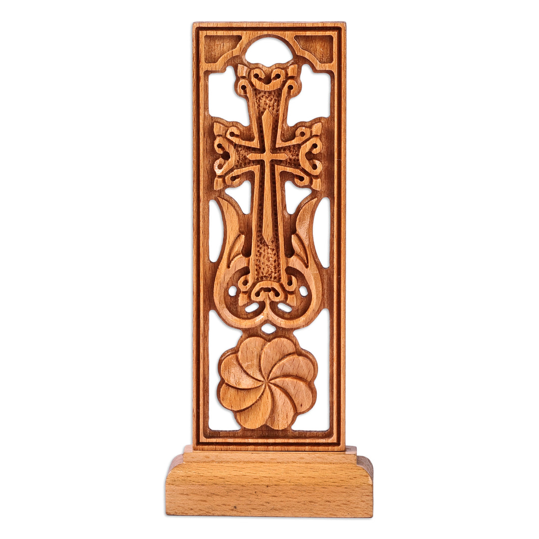 Hand-Carved Floral Beech Wood Cross Sculpture from Armenia - Portrait of Divinity