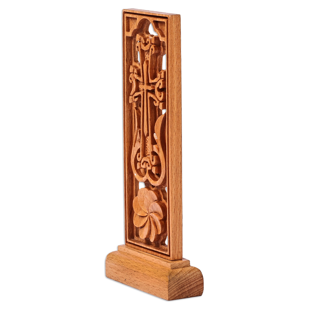 Hand-Carved Floral Beech Wood Cross Sculpture from Armenia - Portrait of Divinity