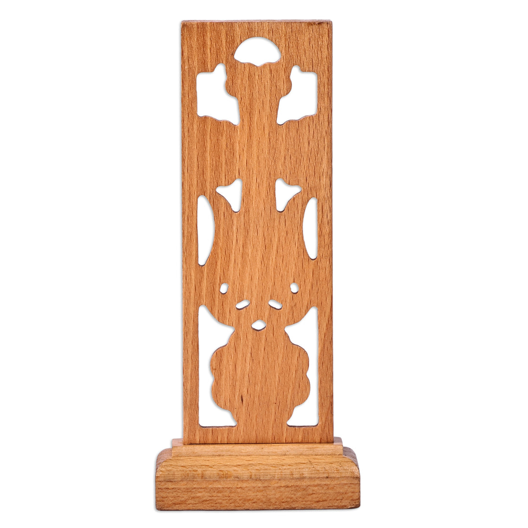 Hand-Carved Floral Beech Wood Cross Sculpture from Armenia - Portrait of Divinity