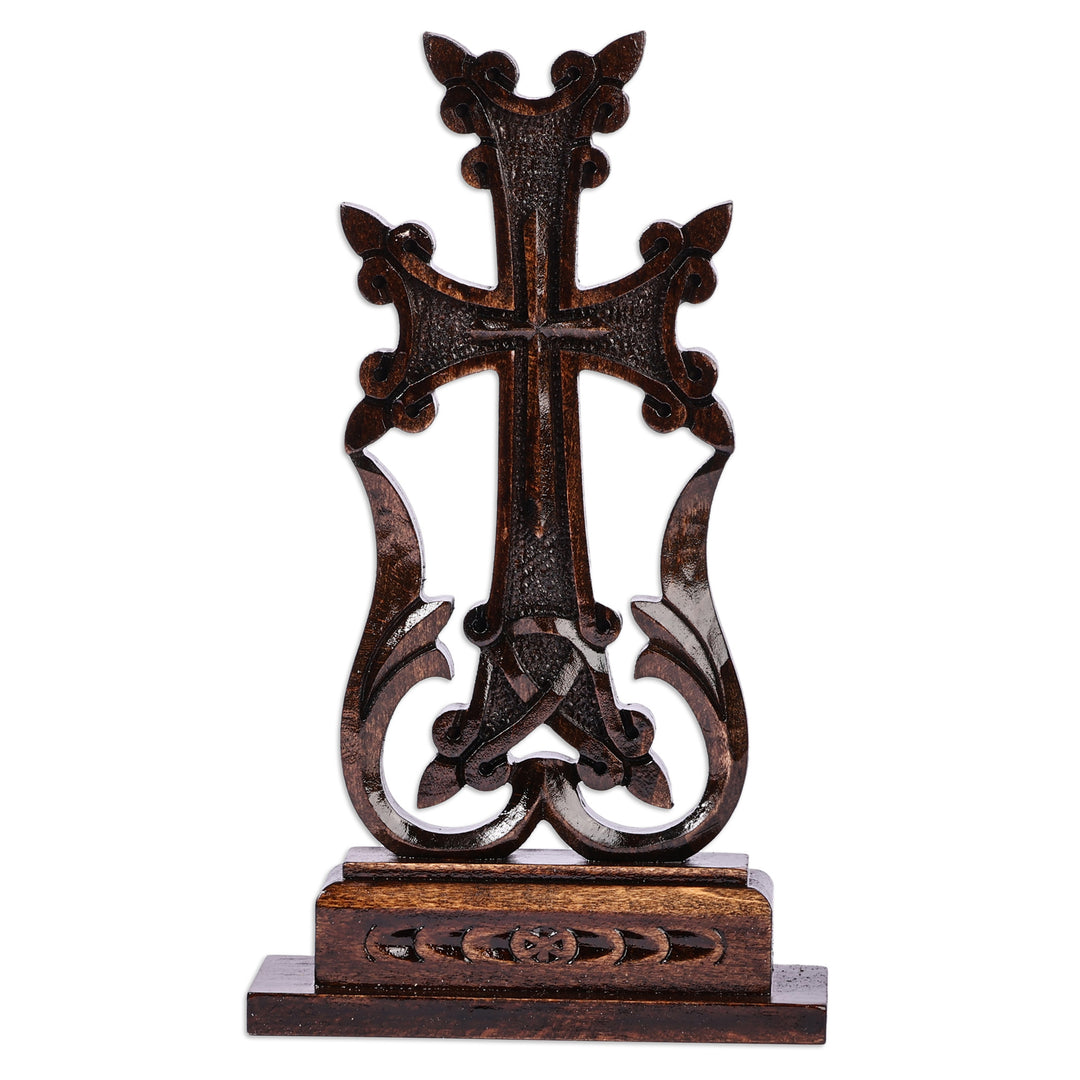 Traditional Hand-Carved Dark Brown Wood Cross from Armenia - Sacred Testimony