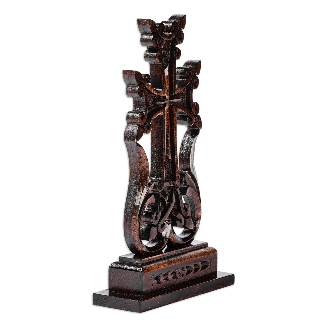 Traditional Hand-Carved Dark Brown Wood Cross from Armenia - Sacred Testimony