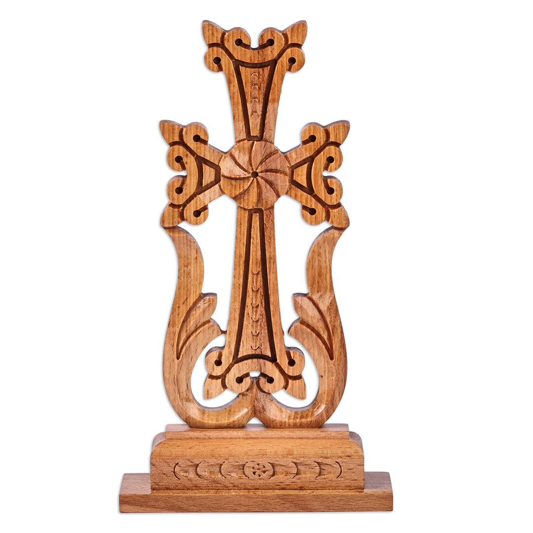 Classic Hand-Carved Natural Brown Beech Wood Cross - Sylvan Divinity