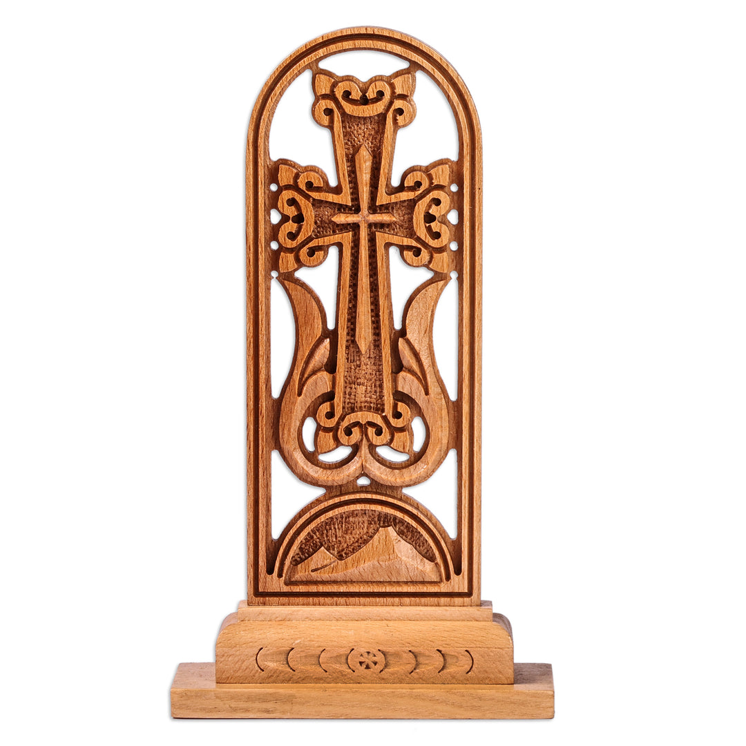 Classic Nature-Themed Brown Beechwood Cross Sculpture - Holy Mountains