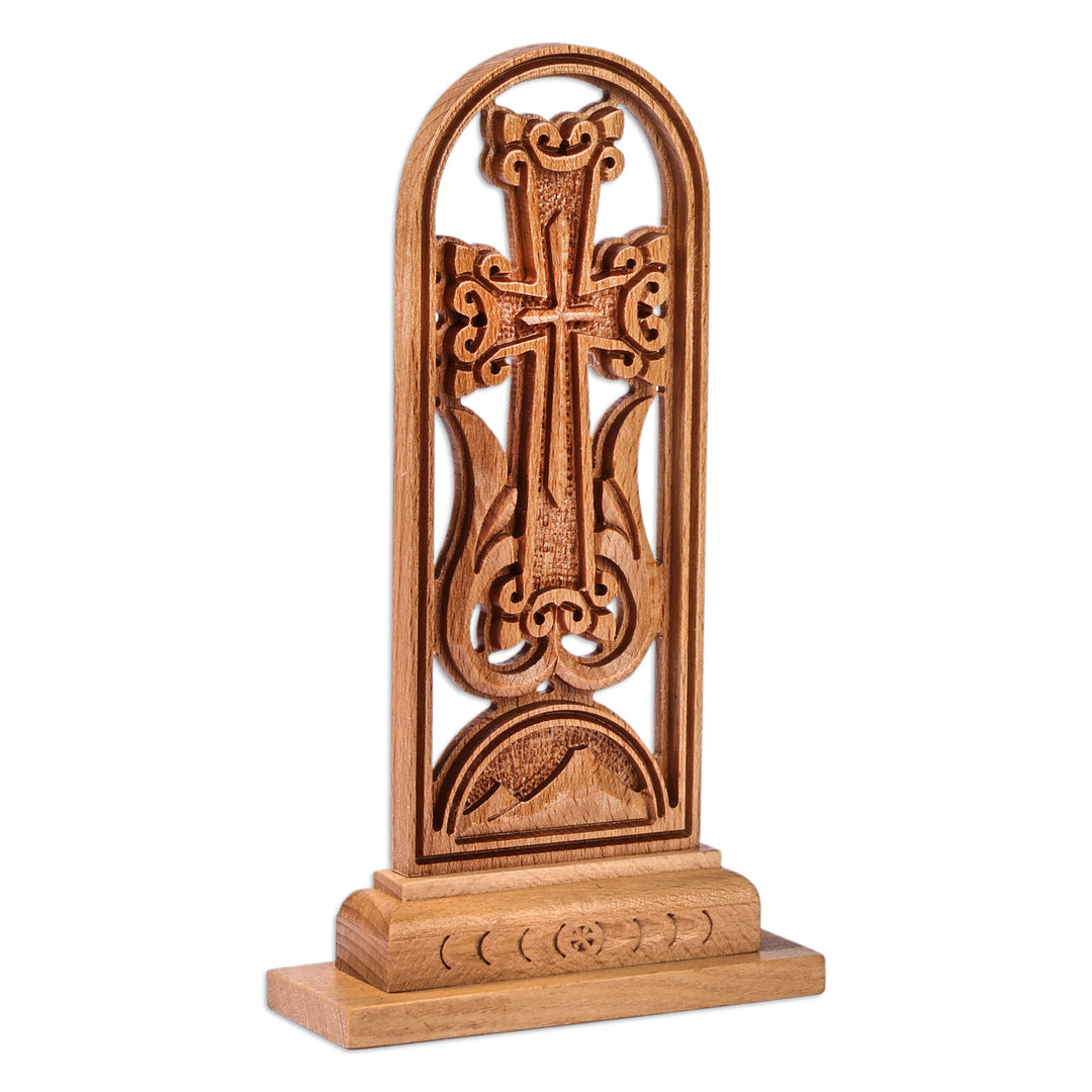 Classic Nature-Themed Brown Beechwood Cross Sculpture - Holy Mountains