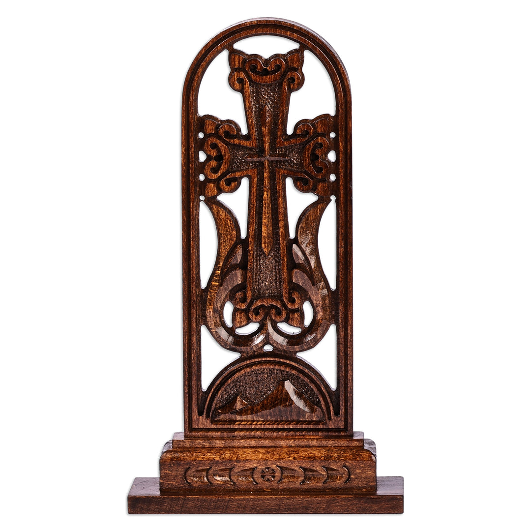 Classic Nature-Themed Dark Brown Beechwood Cross Sculpture - Sacred Mountains