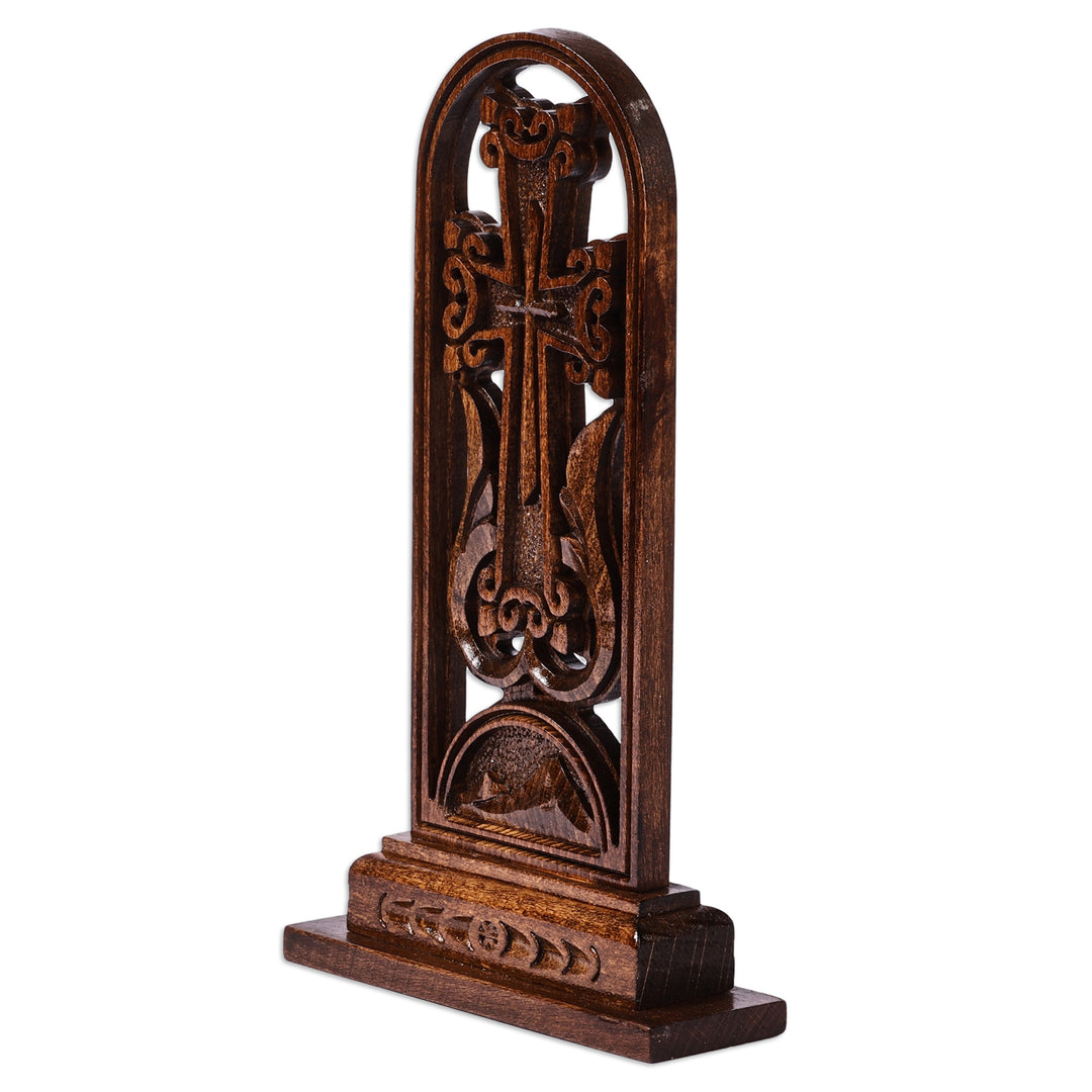 Classic Nature-Themed Dark Brown Beechwood Cross Sculpture - Sacred Mountains