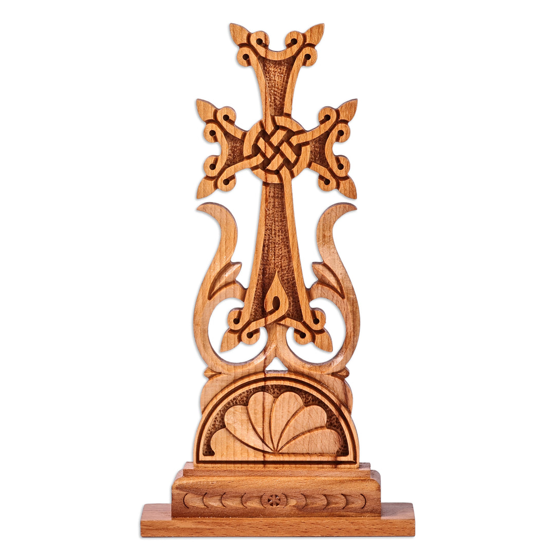 Traditional Folk Art Handcrafted Beechwood Cross - Flower of Faith
