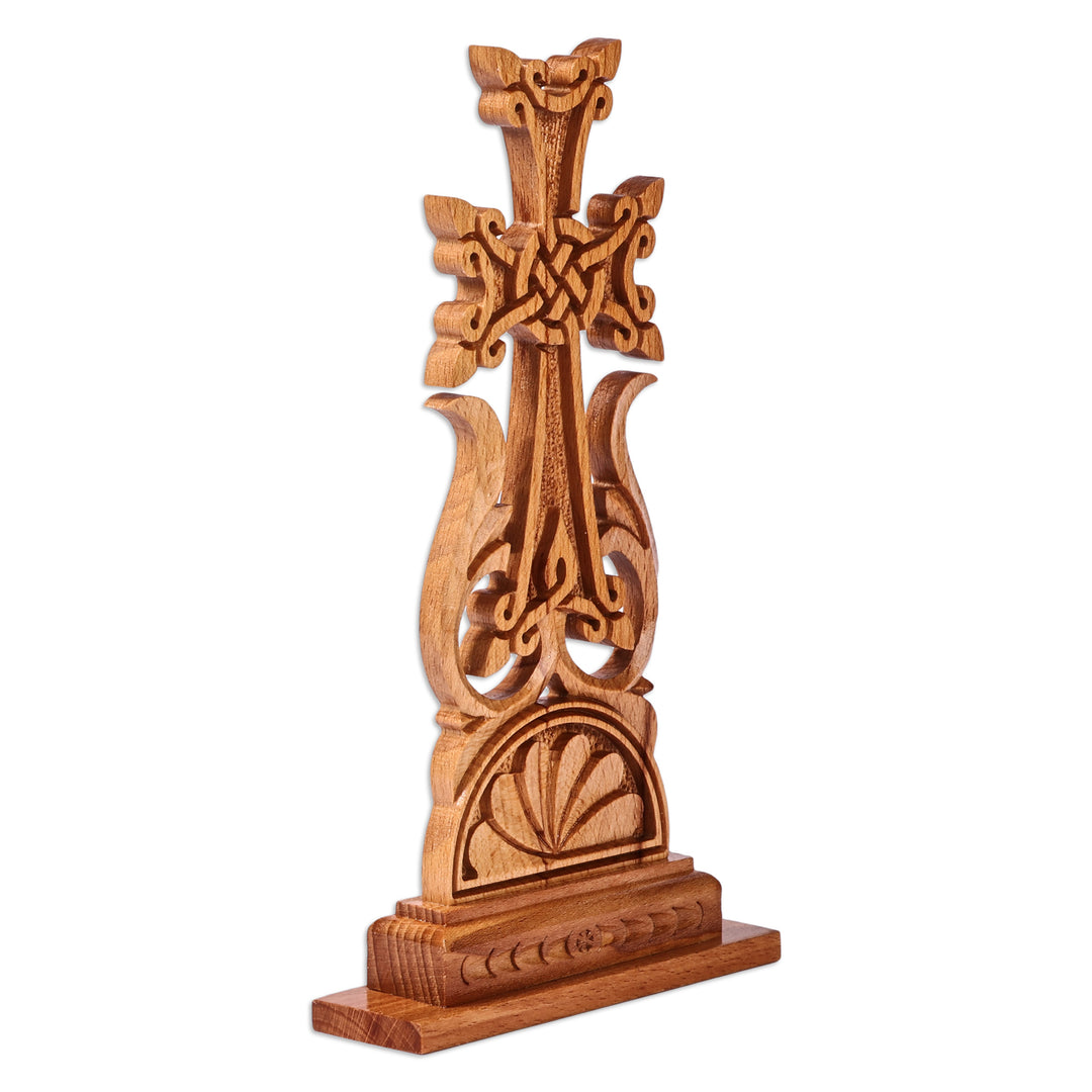 Traditional Folk Art Handcrafted Beechwood Cross - Flower of Faith