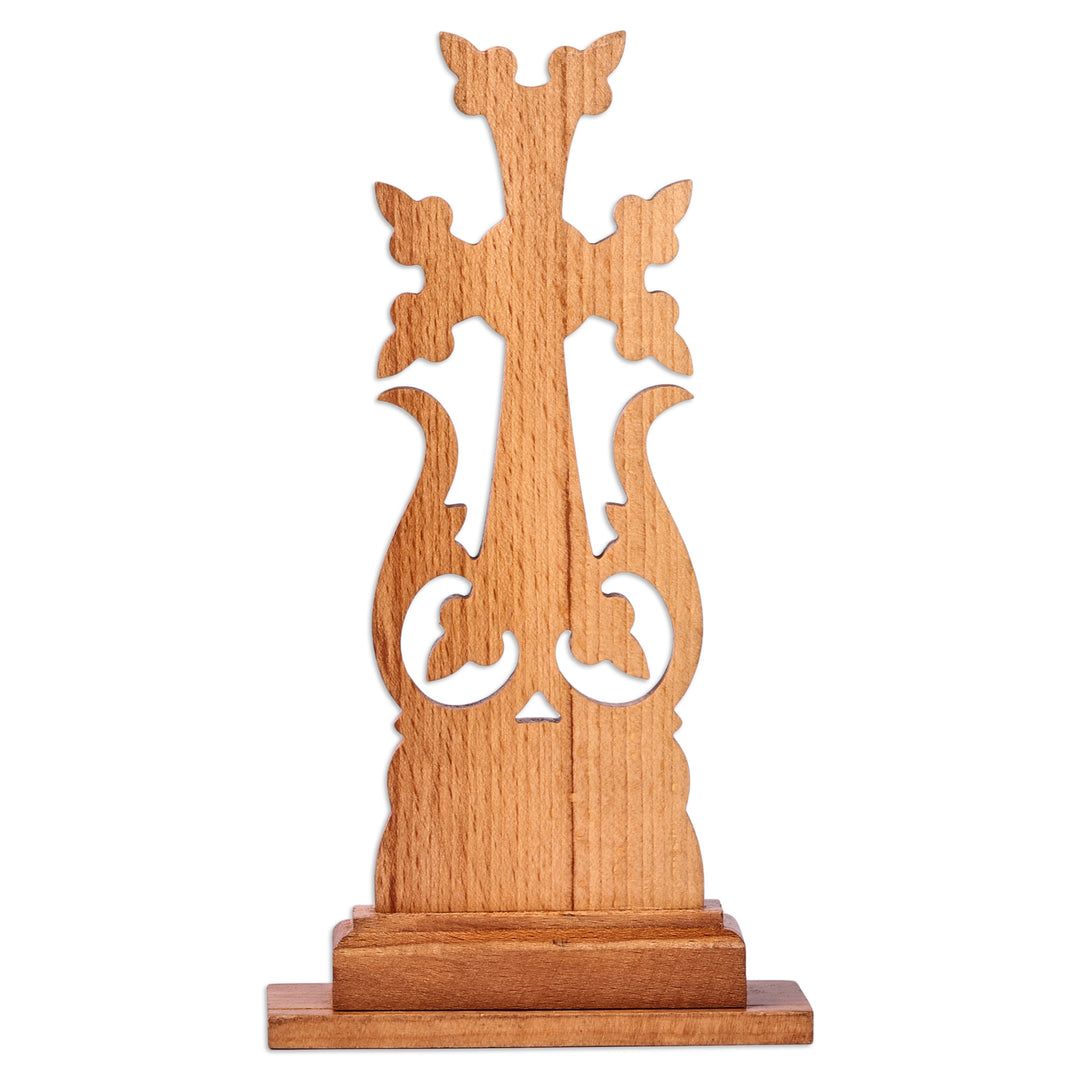 Traditional Folk Art Handcrafted Beechwood Cross - Flower of Faith