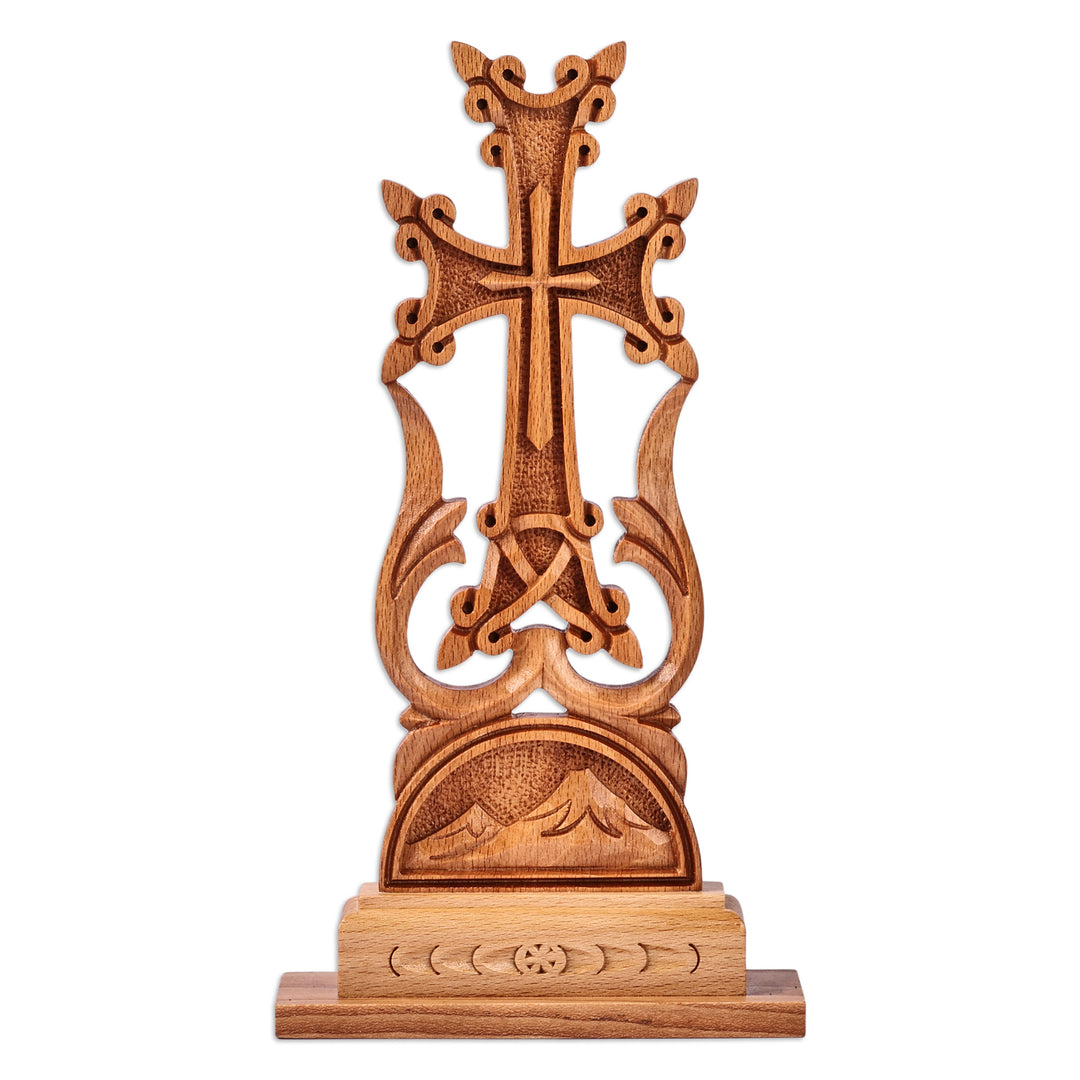 Nature-Themed Hand-Carved Folk Art Beechwood Cross - Mountain of Faith