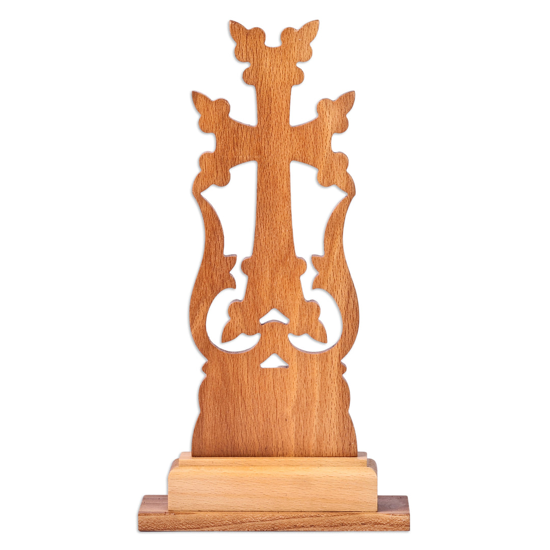 Nature-Themed Hand-Carved Folk Art Beechwood Cross - Mountain of Faith