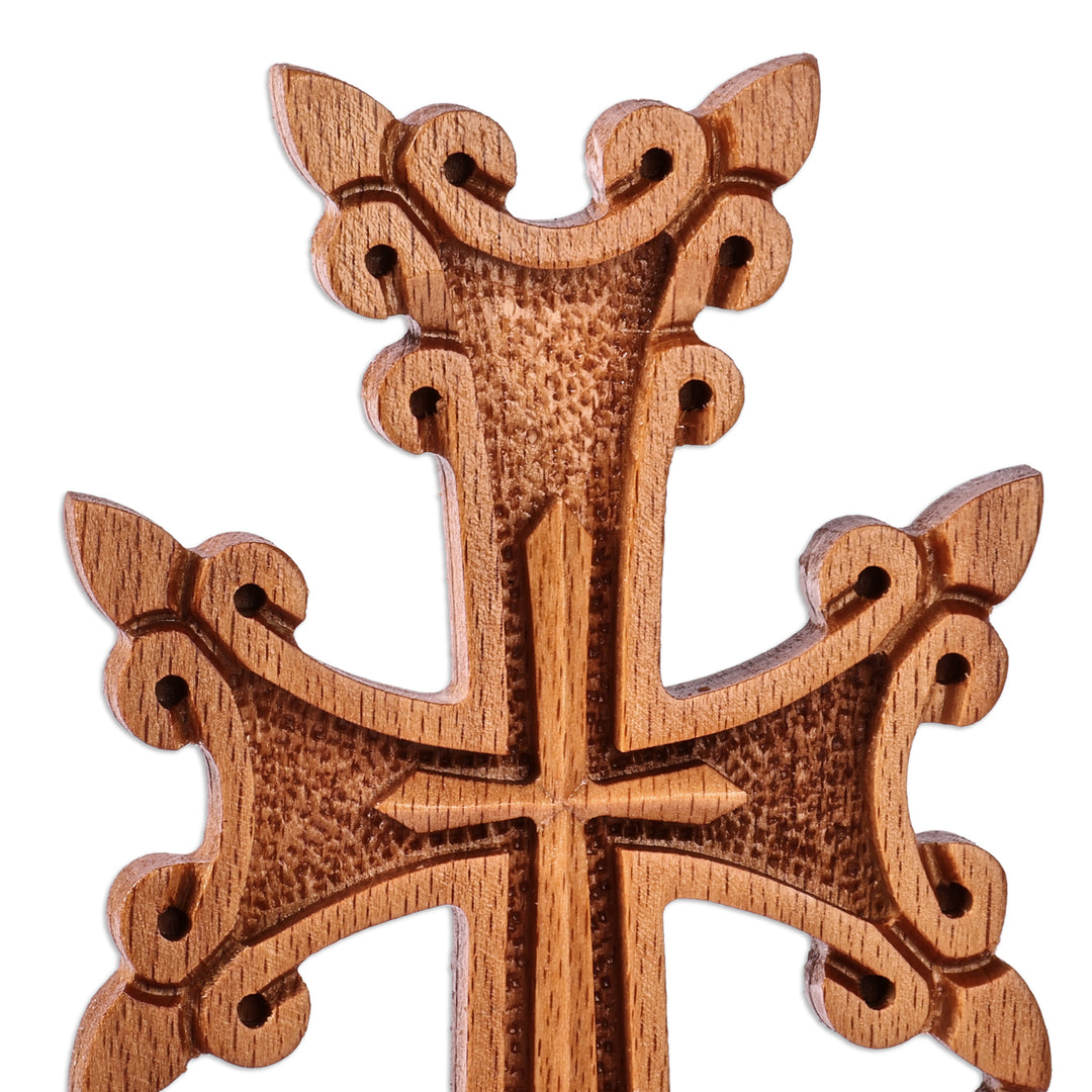 Nature-Themed Hand-Carved Folk Art Beechwood Cross - Mountain of Faith