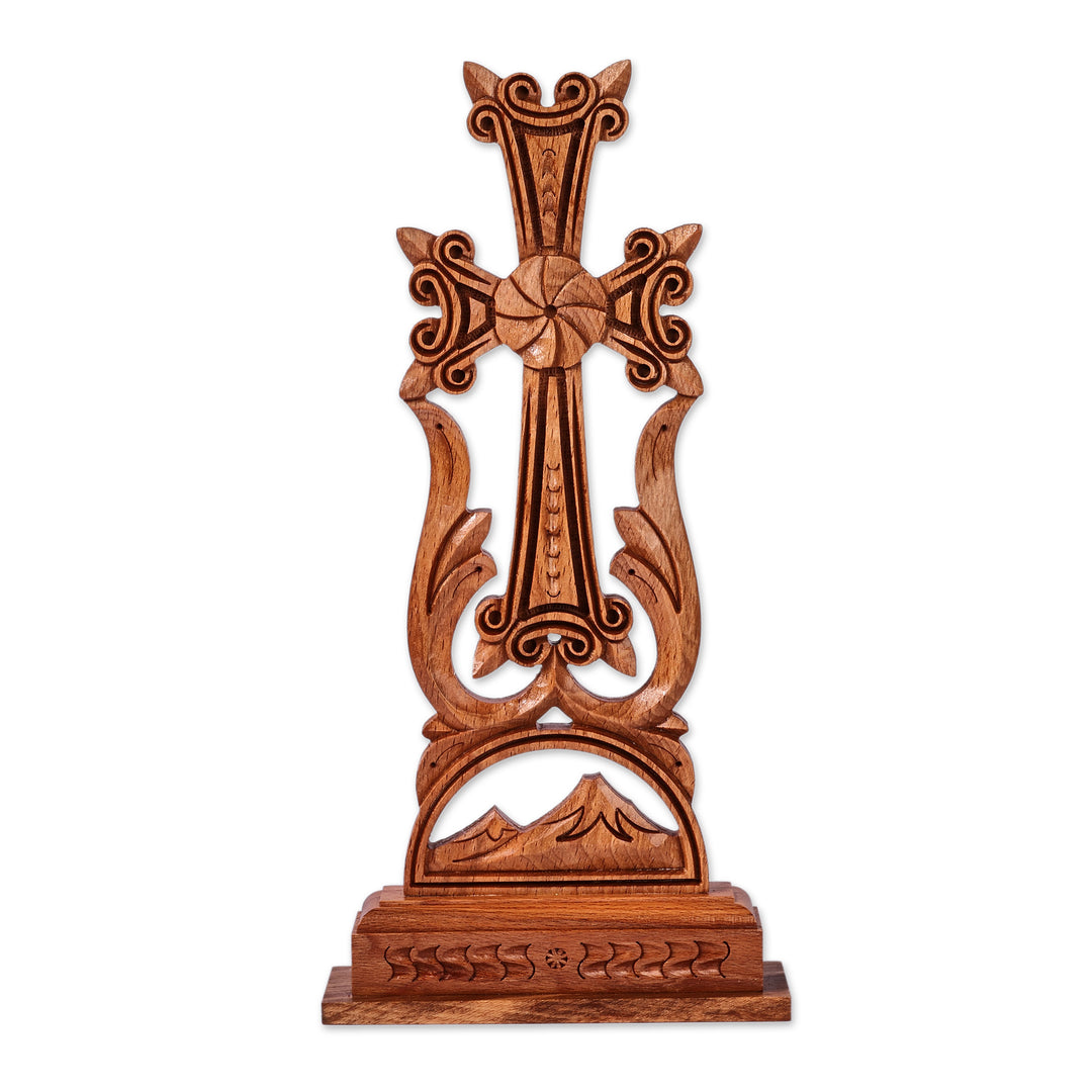 Classic Nature-Themed Beechwood Cross from Armenia - Faith and Mountains
