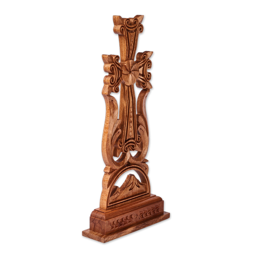 Classic Nature-Themed Beechwood Cross from Armenia - Faith and Mountains