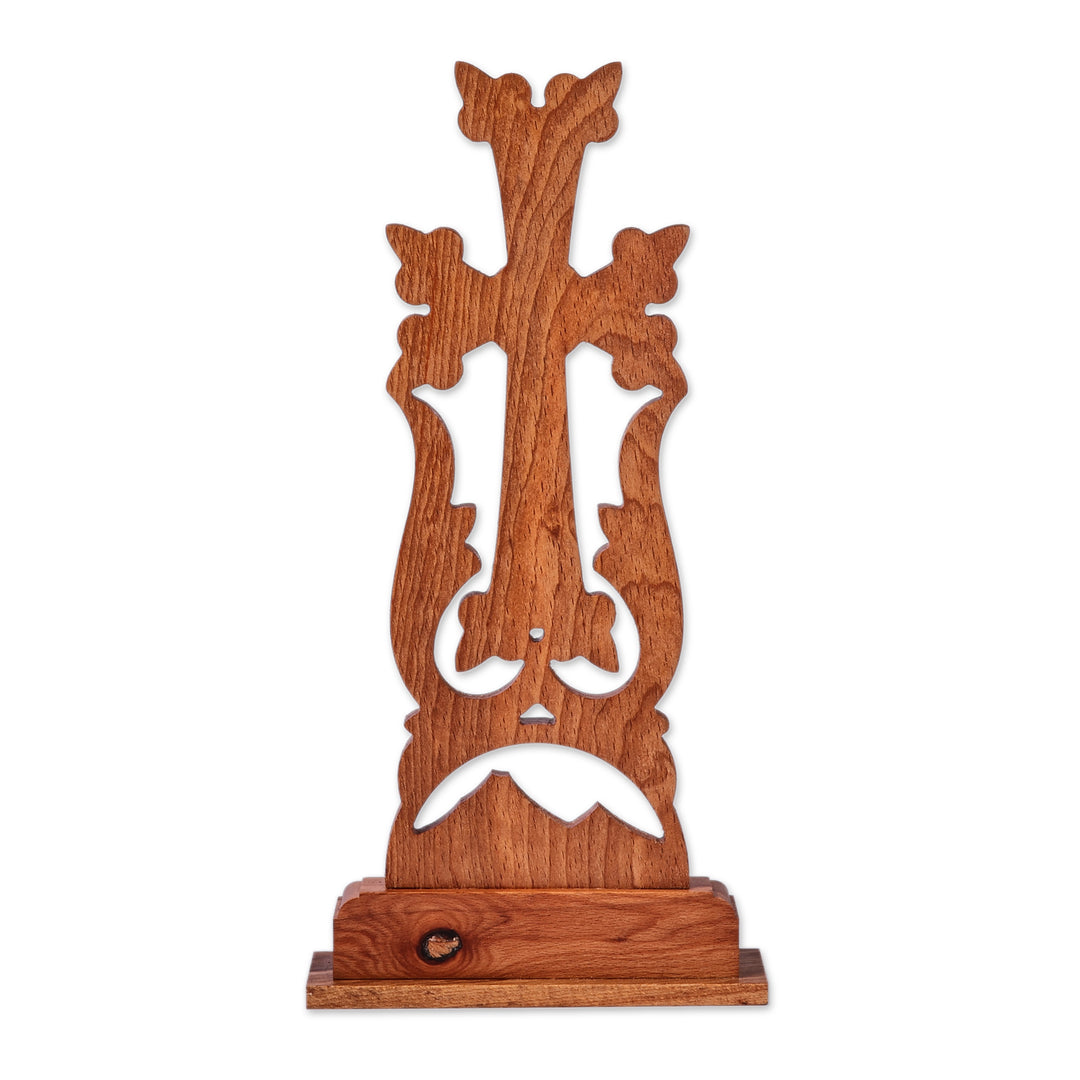 Classic Nature-Themed Beechwood Cross from Armenia - Faith and Mountains