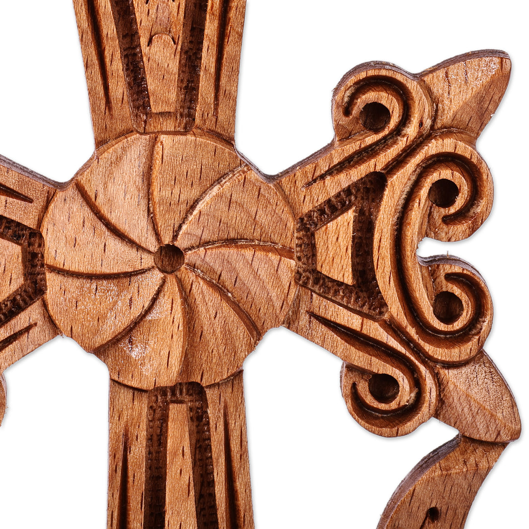 Classic Nature-Themed Beechwood Cross from Armenia - Faith and Mountains
