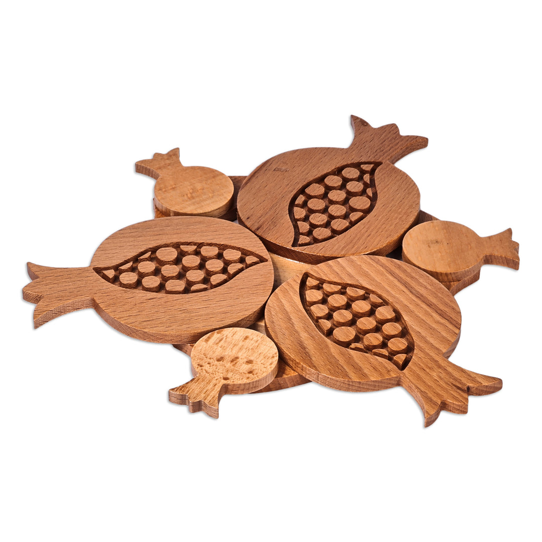 Pomegranate-Shaped Hand-Carved Beechwood Trivet - Pomegranate Sensations
