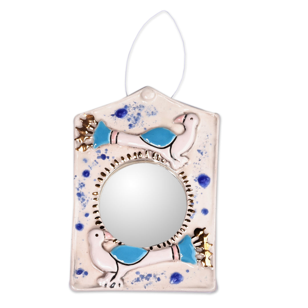 Bird-Themed Ivory Ceramic Wall Accent Mirror from Armenia - Ivory Wonder